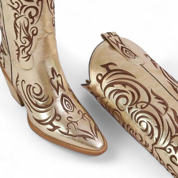 Texas Gold Women's Size 7 Gold Embroidered Knee High Block Heel Western Boots - Picture 11 of 16